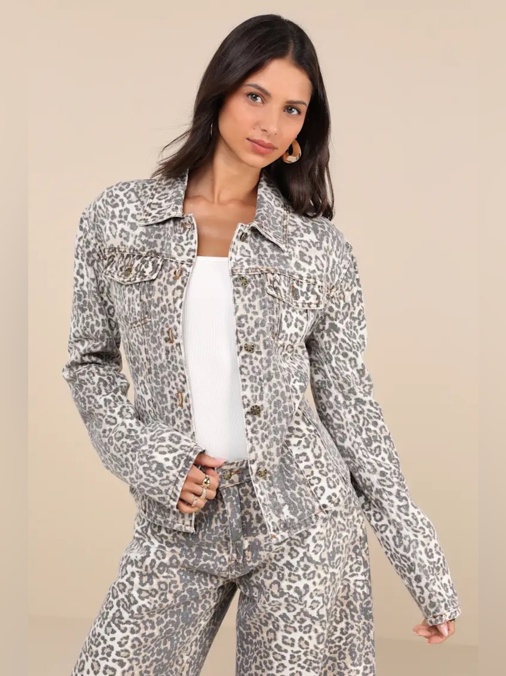 NEW Lioness Rider Seamed Denim Jacket in Beige Leopard Fade Print - Size L